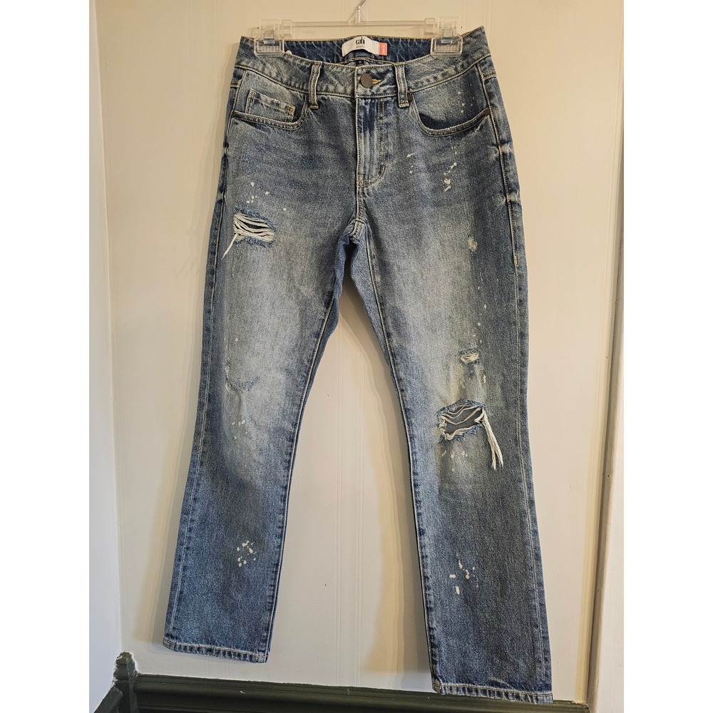 Cabi 100% BF Boyfriend Jeans Blue Distressed Paint Splatter Style 5884 Size 0